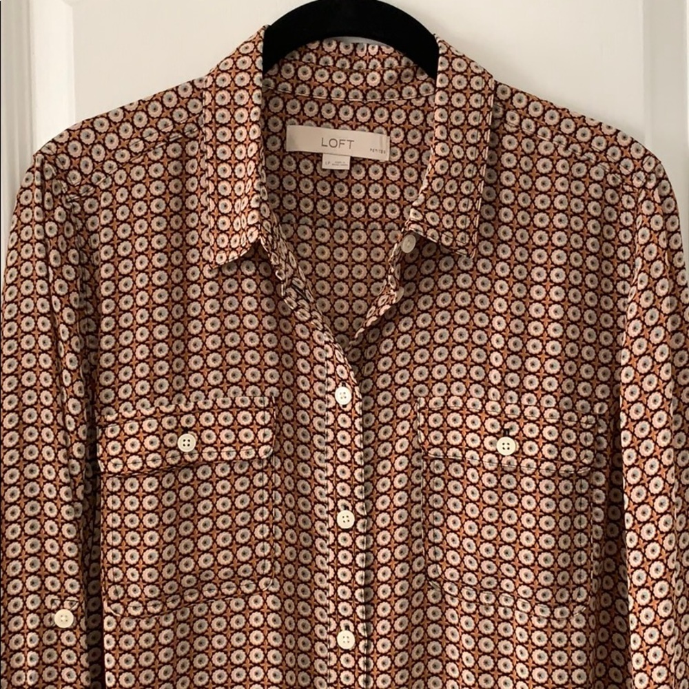 LOFT Floral Print Polyester Button Front Roll-Tab Sleeves Pockets Blouse Size LP